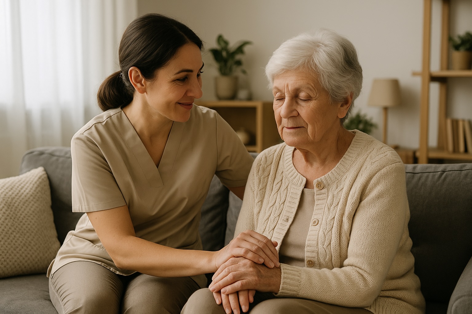 Häusliche 24-Stunden-Pflegekraft hält beruhigend die Hand einer demenzkranken Seniorin im Wohnzimmer – Symbolbild für empathische Betreuung in vertrauter Umgebung.